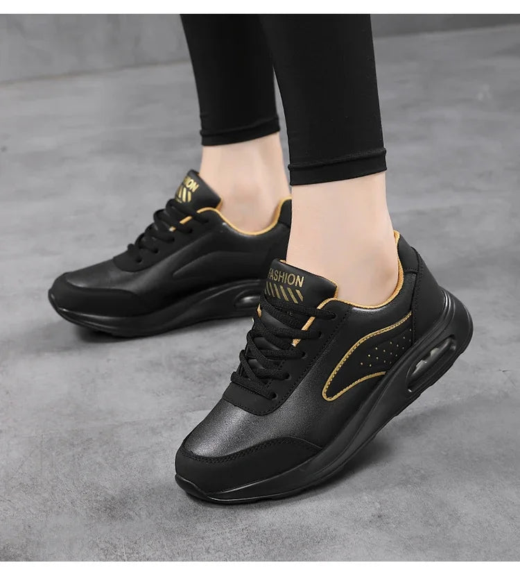 2025 New Women's Fashionable Sneakers Leather Women's Casual Shoes Lace Up Flat Shoes Ladies Lightweight Fitness Walking Shoes