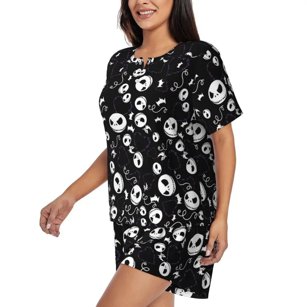 Women's Nightmare Before Christmas Jack Skellington Pajamas Set Printed 2 Piece Pjs Sets Short Sleeve Sleepwear Loungewear