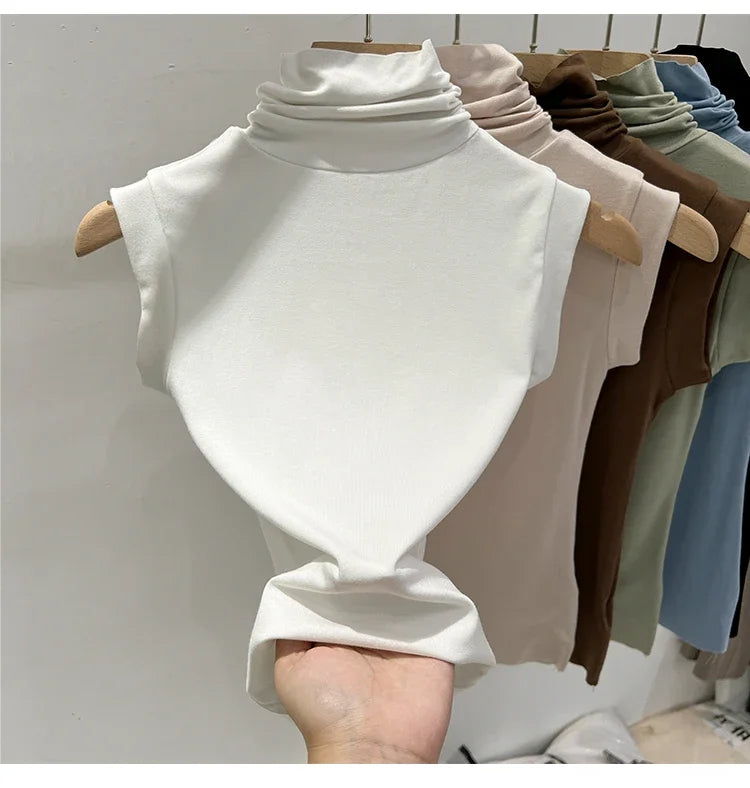 Women Summer Sexy Turtleneck Sleeveless T-Shirts Tops Solid Slim Fit Pullovers Causal Tees Shirts Female Streetwear Basics Tees