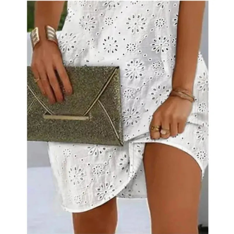 Women's Summer Dress 2025 Fashion Hollow Out V-Neck Short Dresses Casual Solid Sleeveless Female Beach Party Vintage Vestidos