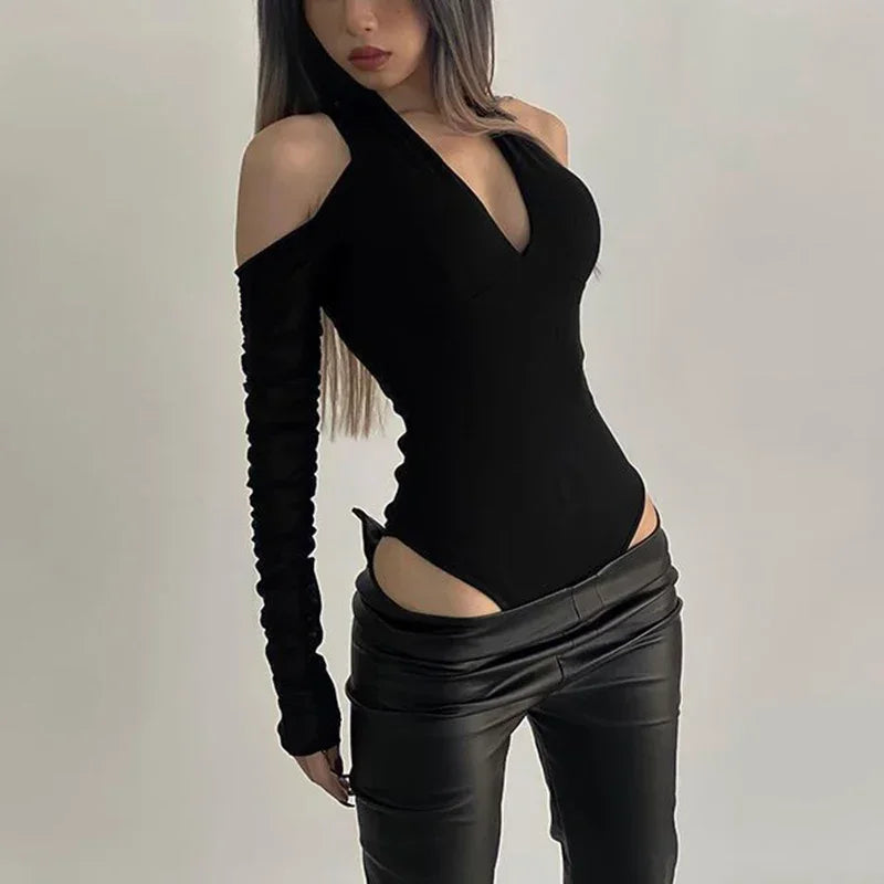 2025 Summer Female T-Shirts Long Sleeve T-Shirts Women Sexy Black Halter Backless Tops New Trendy Girls Designer Ruched Clothes