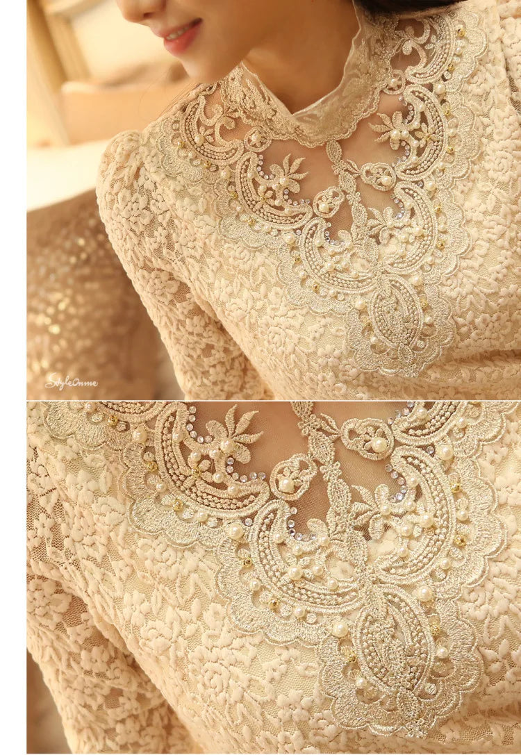 Women T Shirts Vintage Spring Winter Tees Autumn Lace Beads Hole Sexy Tops Warm Blouse Top Casual Full Long Sleeve Shirt