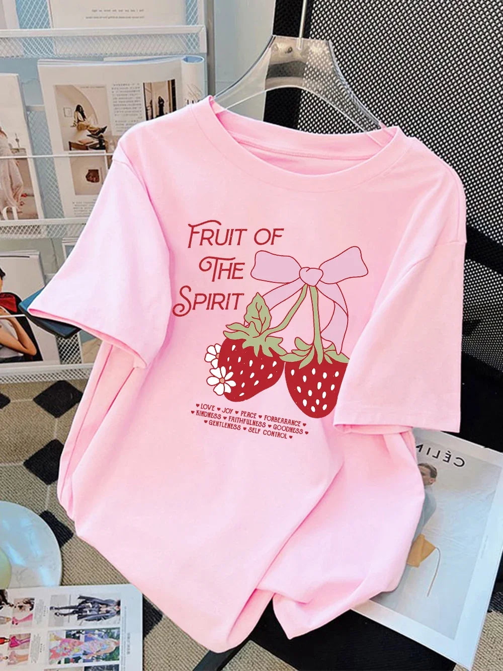 Summer T-Shirts Women Fruit of The Spirit Strawberry Print Tops O-Neck Soft Comfortable T Shirt Basic Woman Clothes Graphic Y2K