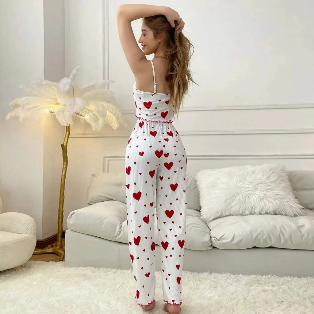 2025New Women pajamas plus size pajamas set 2 piece short vest + trouser white breathable soft casual love print