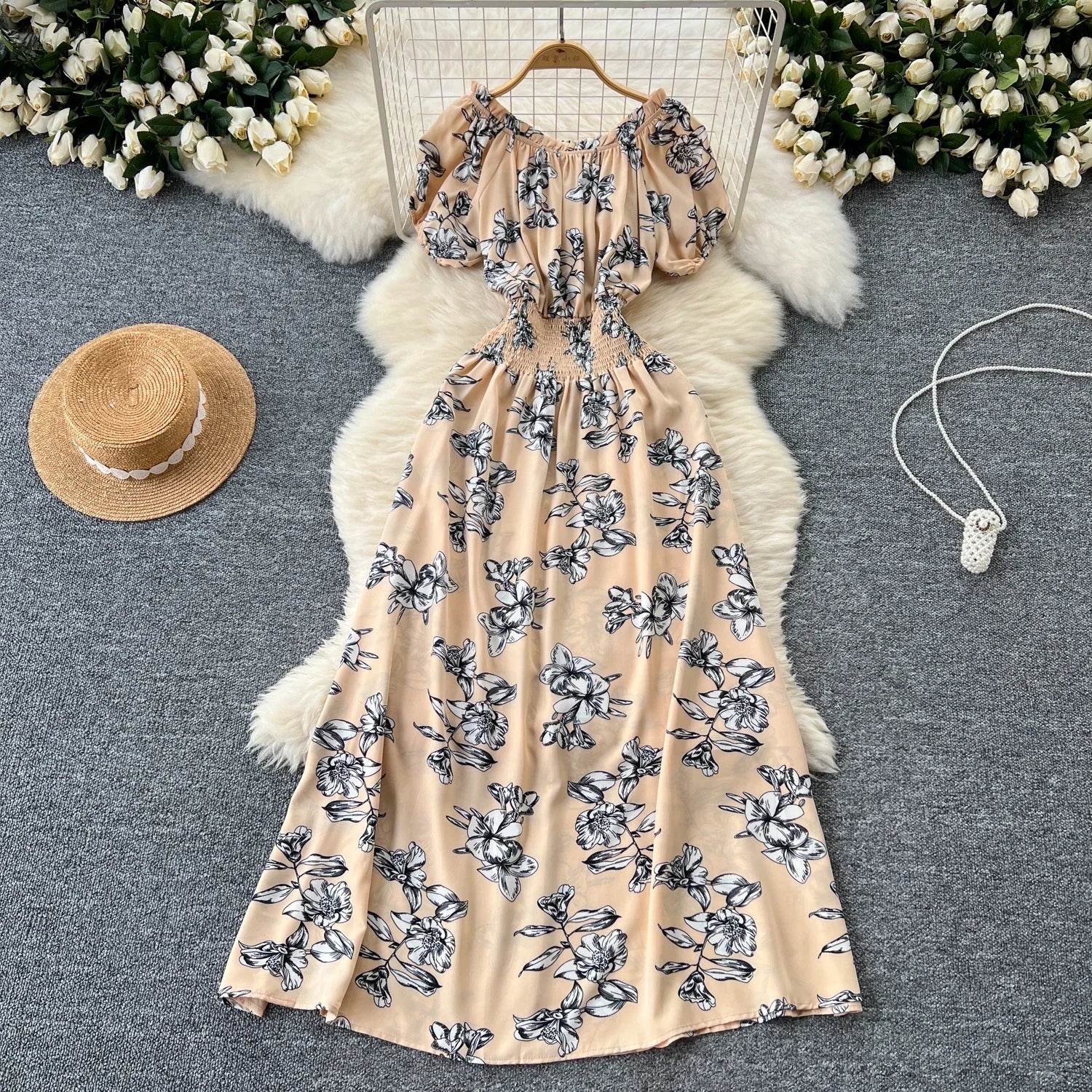 Summer Women Dress Loose Korean Style Bohemian Floral  New  Beach Off-Shoulder Print Casual Vintage Vestidos Robe Maxi Dresses
