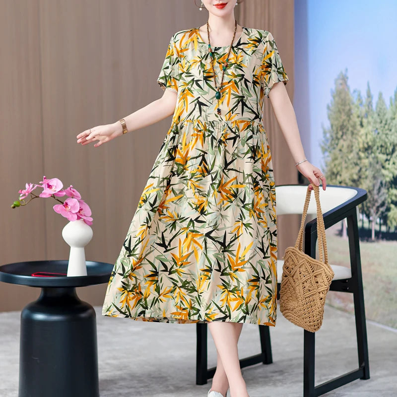 summer dress elegant clothing 2025 short sleeve  vintage floral new  dresses for women casual loose long
