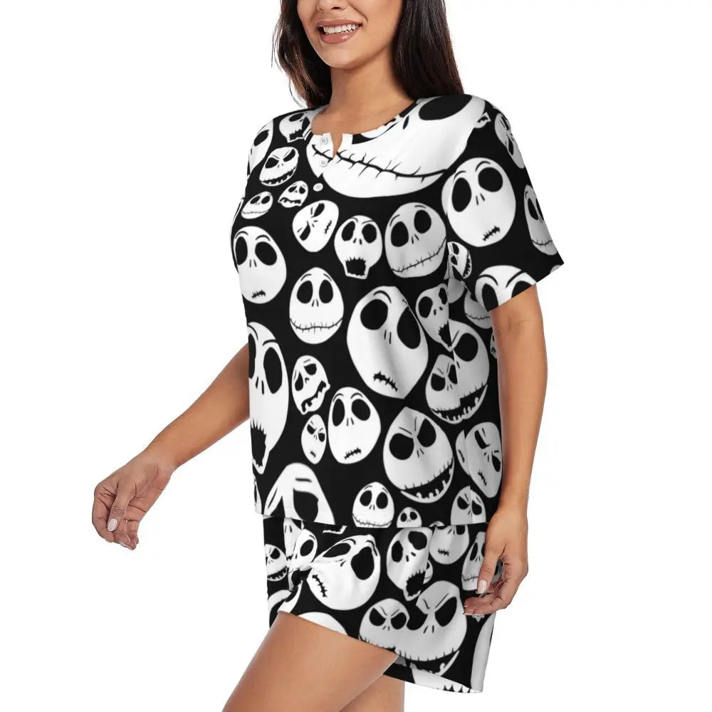 Women's Nightmare Before Christmas Jack Skellington Pajamas Set Printed 2 Piece Pjs Sets Short Sleeve Sleepwear Loungewear
