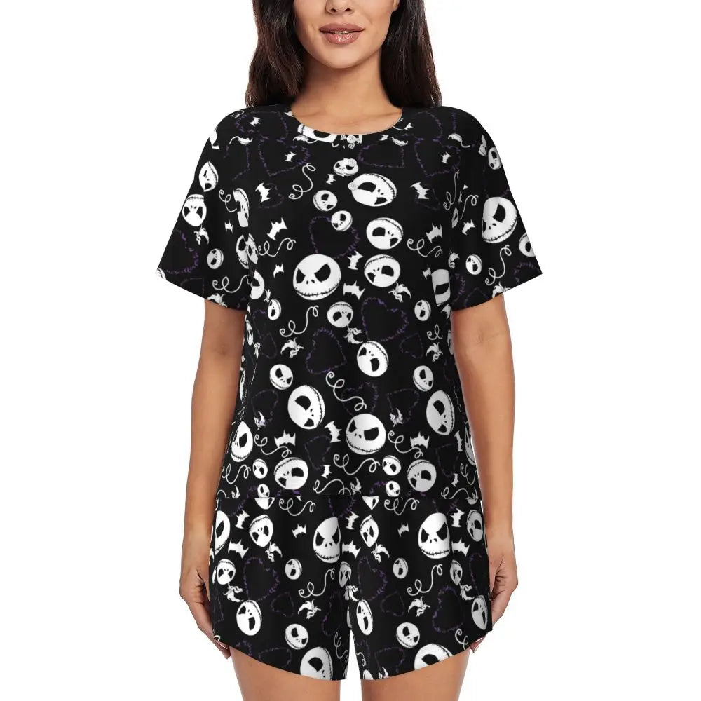 Women's Nightmare Before Christmas Jack Skellington Pajamas Set Printed 2 Piece Pjs Sets Short Sleeve Sleepwear Loungewear