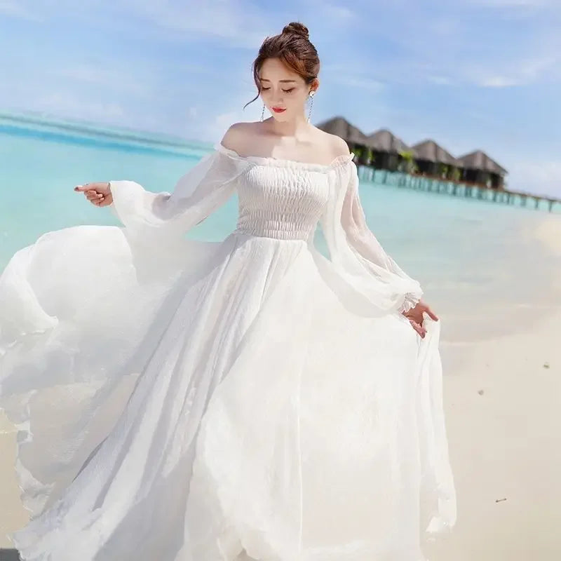 Dresses for Women Summer New Chiffon off-Shoulder Dress White Dress Vestido De Mujer