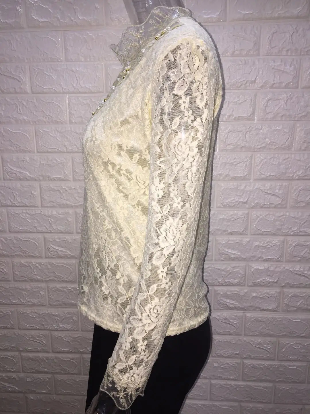 Women T Shirts Vintage Spring Winter Tees Autumn Lace Beads Hole Sexy Tops Warm Blouse Top Casual Full Long Sleeve Shirt