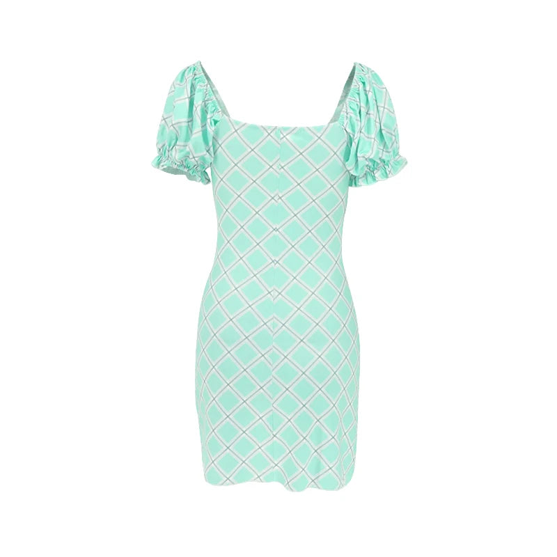 Women Sexy Dresses New Summer Streetwear Green Fashion Print Plaid Short Sleeve Mini Dress Club Party Female Elegant Tank Dress