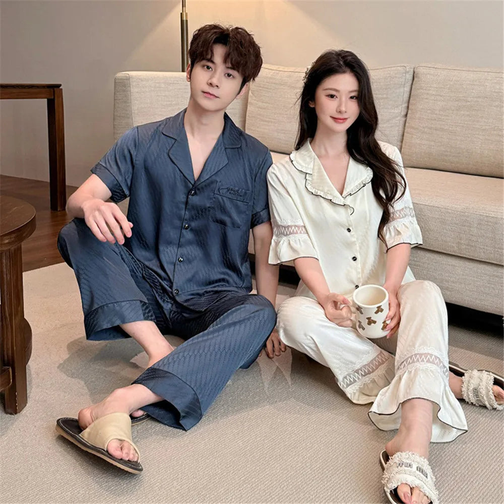 Women Men Pajamas Short Sleeved Shirt Trousers Ice Silk Sleepwear Loungewear Nightwear Homewear