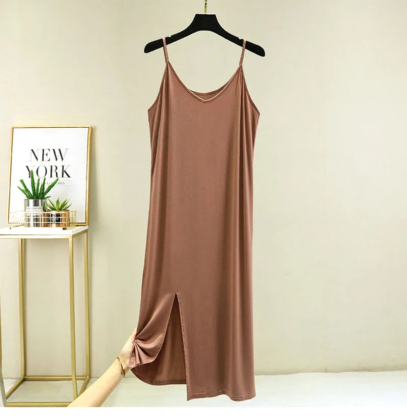 Women Summer Dresses Casual V Neck Full Under Slip Dress Spaghetti Strap Seamless Loose Split Bottming Thin All-Match Dress