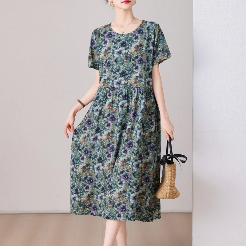 summer dress elegant clothing 2025 short sleeve  vintage floral new  dresses for women casual loose long
