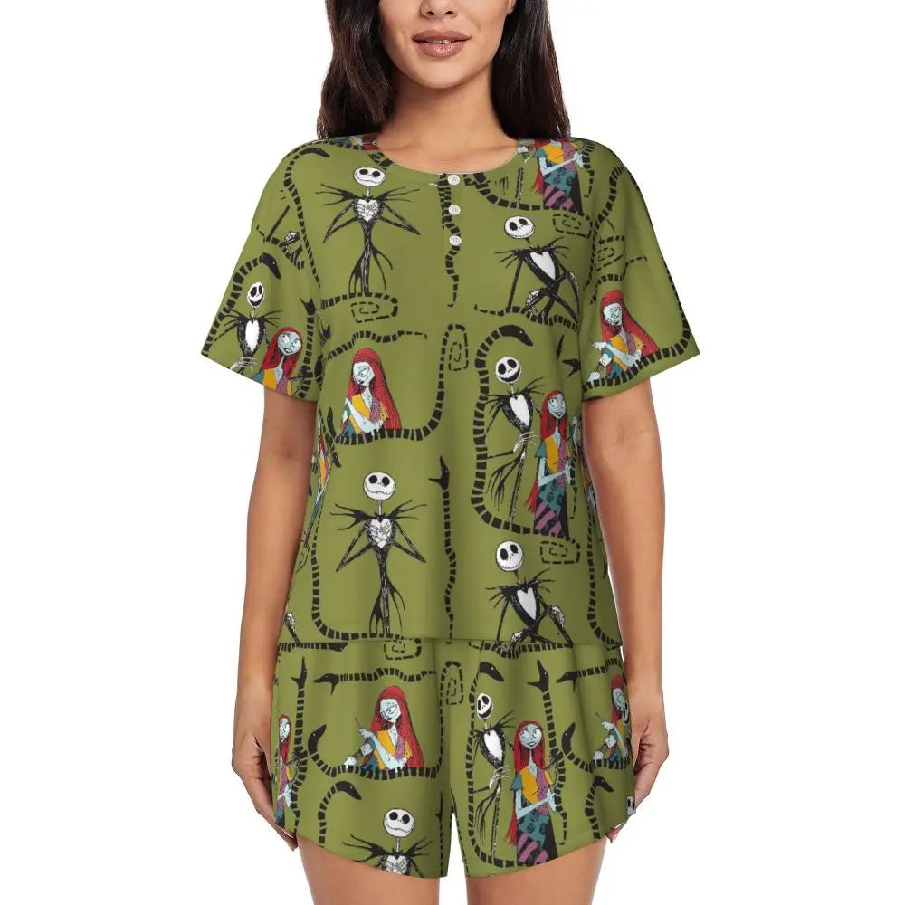 Women's Nightmare Before Christmas Jack Skellington Pajamas Set Printed 2 Piece Pjs Sets Short Sleeve Sleepwear Loungewear