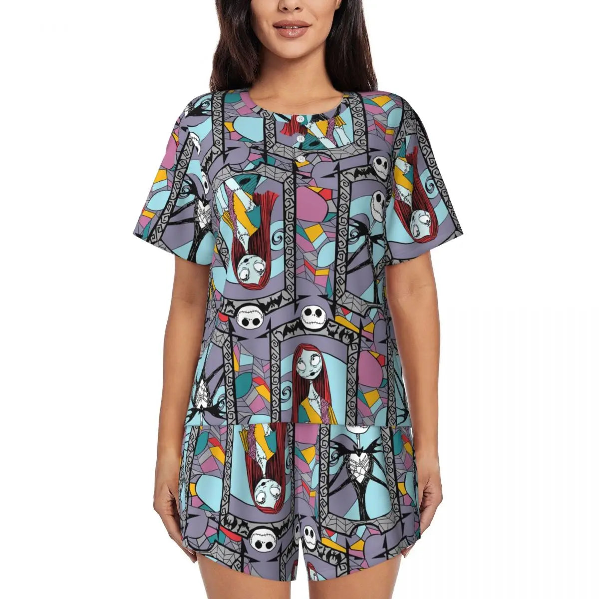 Women's Nightmare Before Christmas Jack Skellington Pajamas Set Printed 2 Piece Pjs Sets Short Sleeve Sleepwear Loungewear