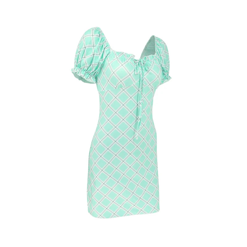 Women Sexy Dresses New Summer Streetwear Green Fashion Print Plaid Short Sleeve Mini Dress Club Party Female Elegant Tank Dress