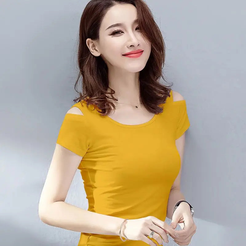 Women Clothes Summer Trend Simplicity Solid Color O-neck Off Shoulder Short Sleeve T-Shirt Women's Fashion Casual All-match Tops
