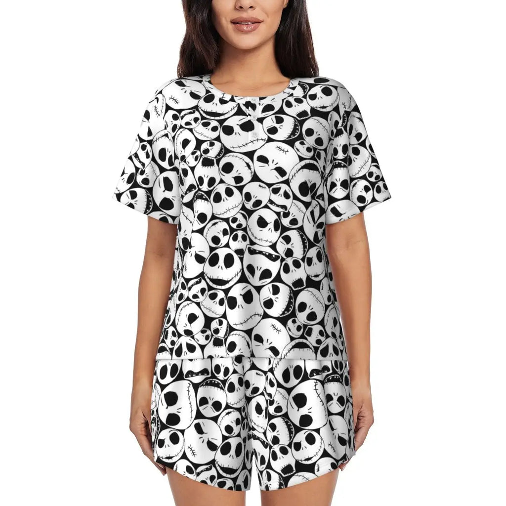 Women's Nightmare Before Christmas Jack Skellington Pajamas Set Printed 2 Piece Pjs Sets Short Sleeve Sleepwear Loungewear