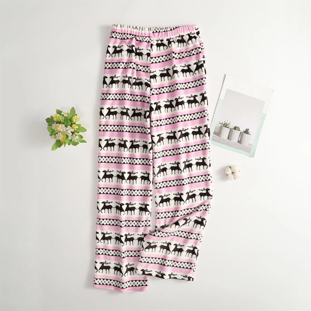 Women Christmas Printed Pajama Pants Winter Warm Soft Plush Sleep Pants Comfy Elastic Waist Home Clothes Bottoms with 2 Pockets