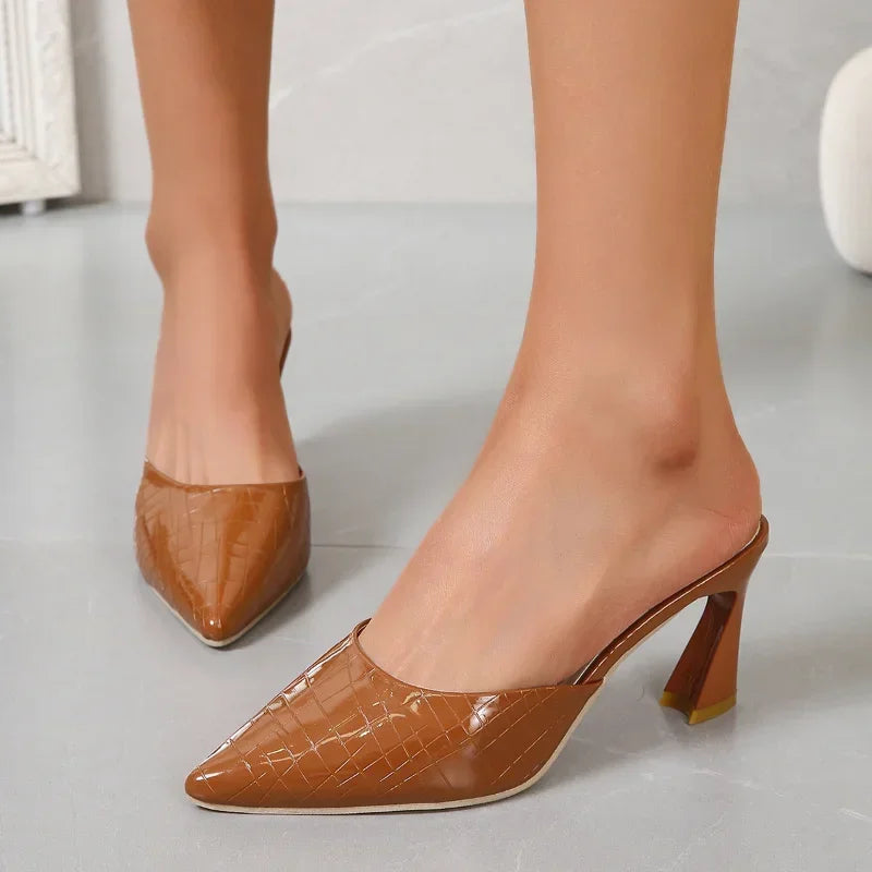 Summer Ladies Shoes 2025 New Retro Pointed Toe Women's Slippers Dress Office Slip on Ladies Heeled Shoes Thin Heel Female Mules
