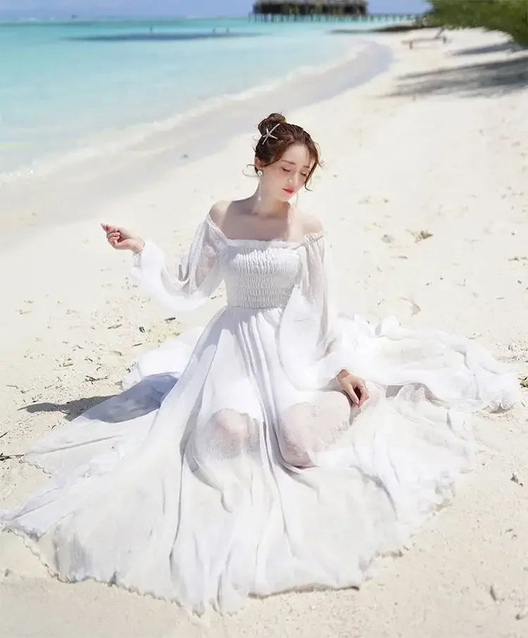 Dresses for Women Summer New Chiffon off-Shoulder Dress White Dress Vestido De Mujer