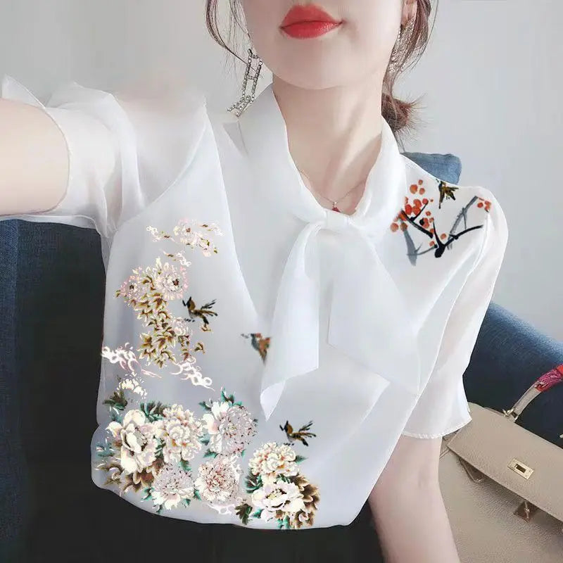 Women Clothing Summer Thin Fashion Simplicity White Printing Short Sleeve Shirts Women's Trend Casual All-match Temperament Tops
