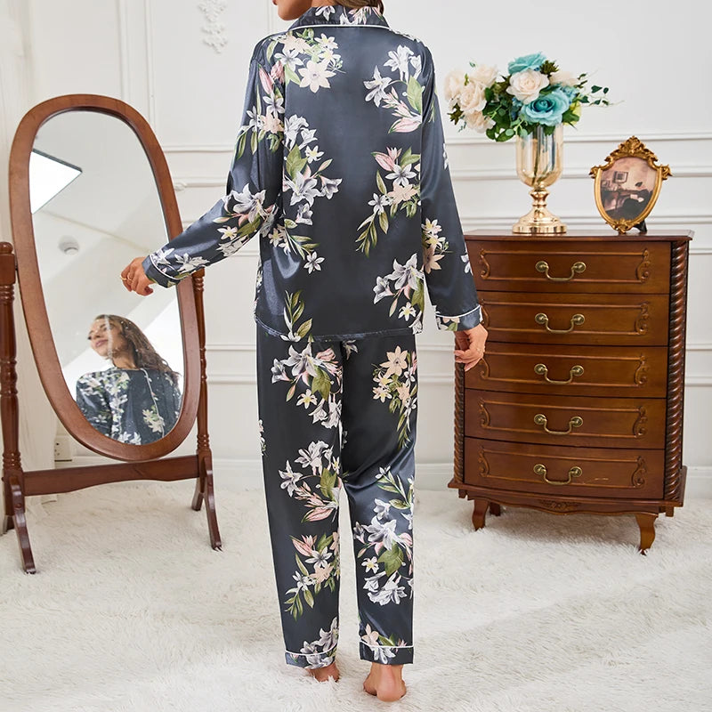 Pajamas For Women Home Clothes Autumn Satin Flower Print Sleepwear Long Sleeve Tops Pajama Pants Nightwear 2 Piece Pyjama Femme