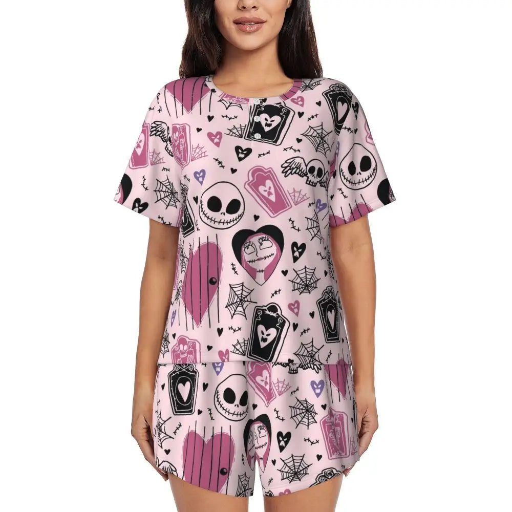 Women's Nightmare Before Christmas Jack Skellington Pajamas Set Printed 2 Piece Pjs Sets Short Sleeve Sleepwear Loungewear
