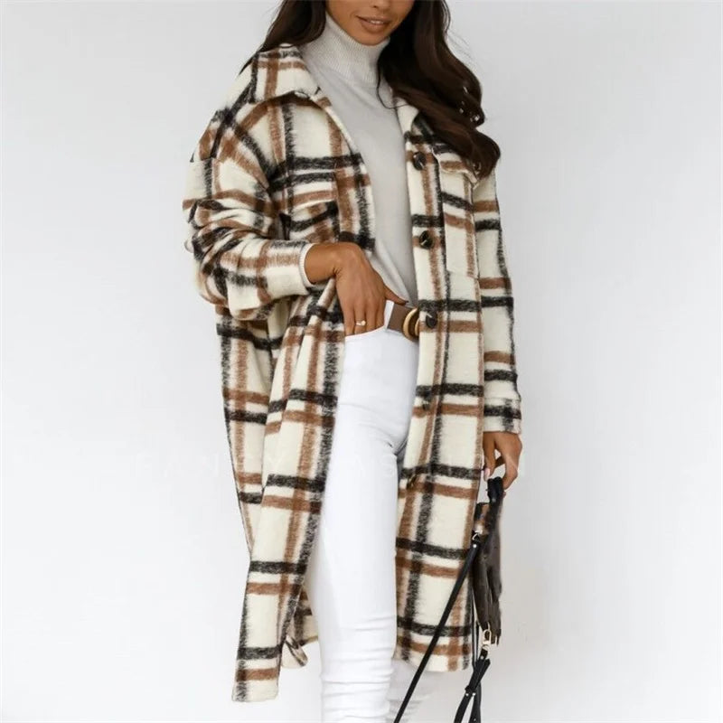 Women Check Tweed Long Shirt Autumn Winter Thickened Warm Single-breasted Cardigan Blouse Female Casual Double Pockets Outerwear