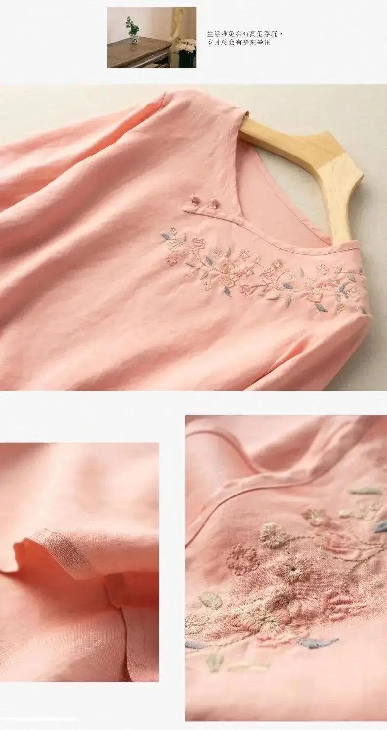 T-shirt Top for Women in Summer 2025 New Loose Slim Round Neck Retro Style Embroidered Quarter Sleeve Shirt