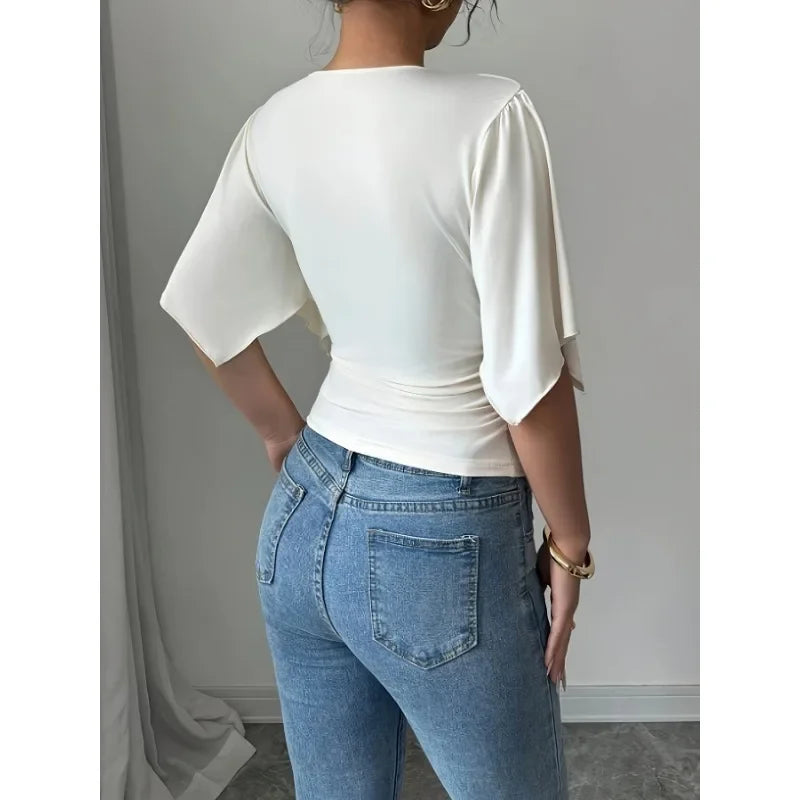 Shirts for Women Summer Solid Colour Casual Fashion Flared Sleeve Slim Deep V Neck Sexy T-Shirt Top Women Clothes Y2k Tops