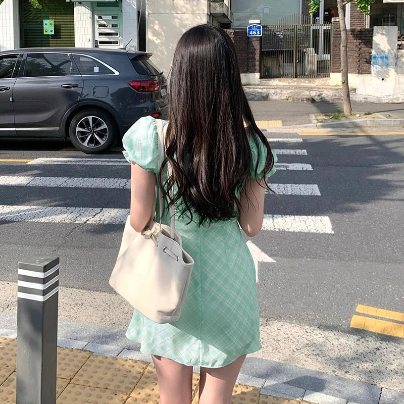 Women Sexy Dresses New Summer Streetwear Green Fashion Print Plaid Short Sleeve Mini Dress Club Party Female Elegant Tank Dress