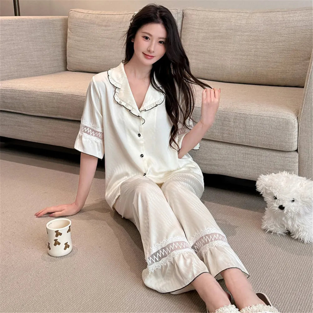 Women Men Pajamas Short Sleeved Shirt Trousers Ice Silk Sleepwear Loungewear Nightwear Homewear