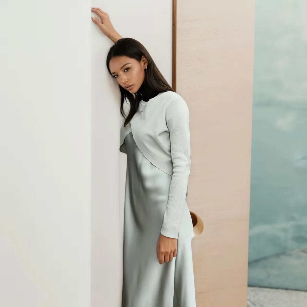 Summer Women fashion Long Dress Elegance Soft Silk Satin Vest Dress Knitted Top Match Set Maxi Length Woman Chic Dress Set