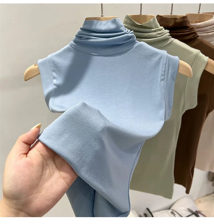 Women Summer Sexy Turtleneck Sleeveless T-Shirts Tops Solid Slim Fit Pullovers Causal Tees Shirts Female Streetwear Basics Tees
