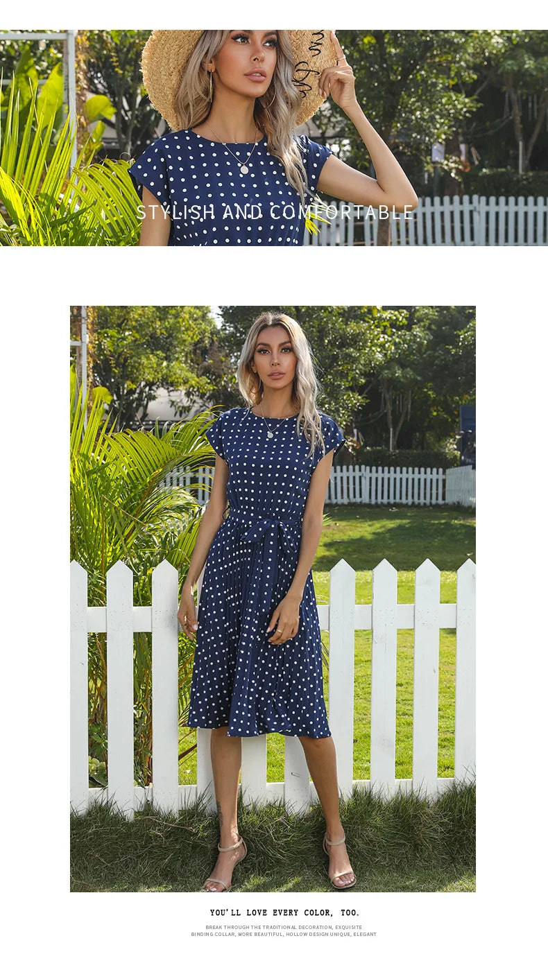 Summer Dresses For Women High Waist Midi Elegant Pleated Polka Dots Office Lady Dinner Party Vacation Dress Female Clothing Robe