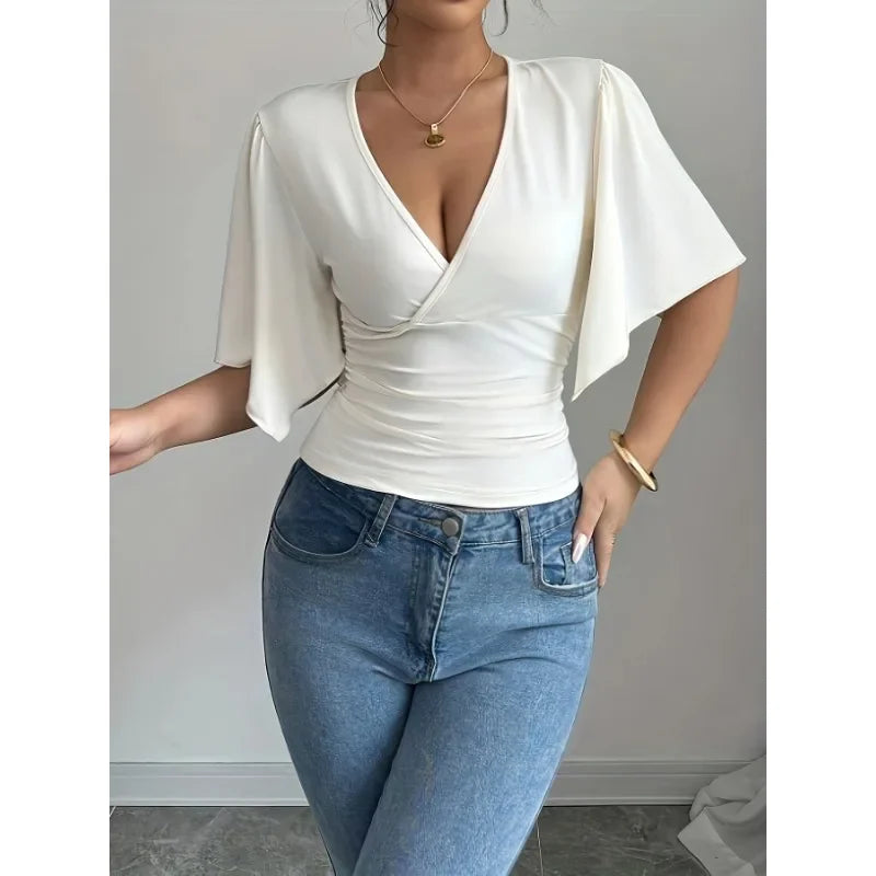 Shirts for Women Summer Solid Colour Casual Fashion Flared Sleeve Slim Deep V Neck Sexy T-Shirt Top Women Clothes Y2k Tops