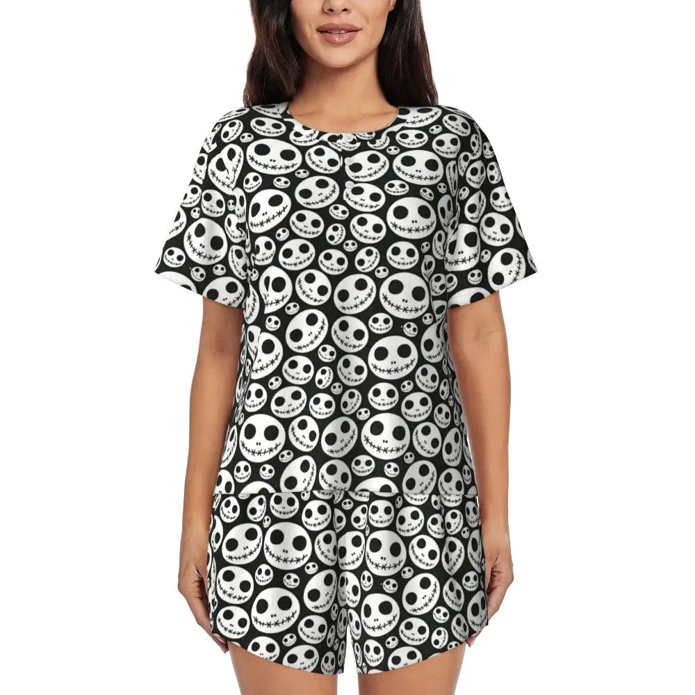 Women's Nightmare Before Christmas Jack Skellington Pajamas Set Printed 2 Piece Pjs Sets Short Sleeve Sleepwear Loungewear