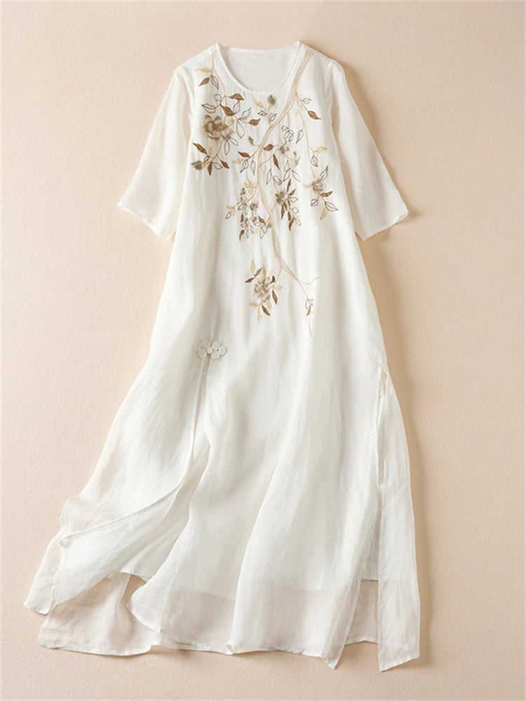 Summer Print Vintage Dresses For Women 2025 New Casual Long Thin Breathable Dress Femme Robe Office Lady Work Elegant Clothing