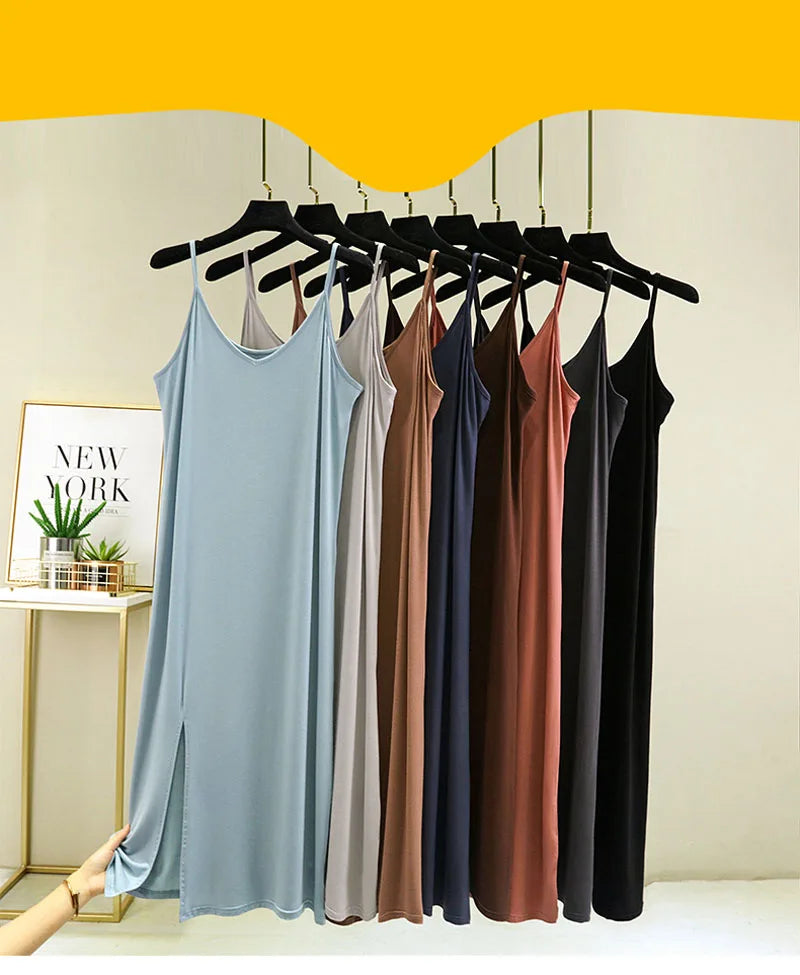 Women Summer Dresses Casual V Neck Full Under Slip Dress Spaghetti Strap Seamless Loose Split Bottming Thin All-Match Dress