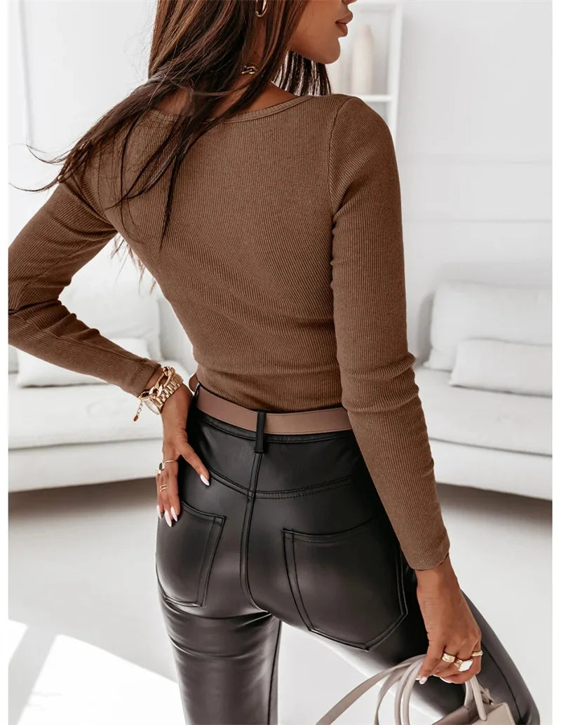 Women Fall Winter Knitted Bodycon T-Shirts Casual V-Neck Button Long Sleeve Black Office Lady Slim Pullovers Tops Femme Clothing