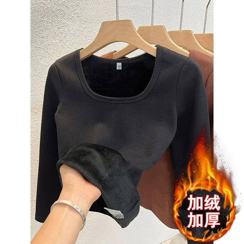 Winter Women Thermal Underwear Tops Square Collar Fleece Basic Pullover Autumn Crewneck Fashion Top Casual Thermal Shirt Women