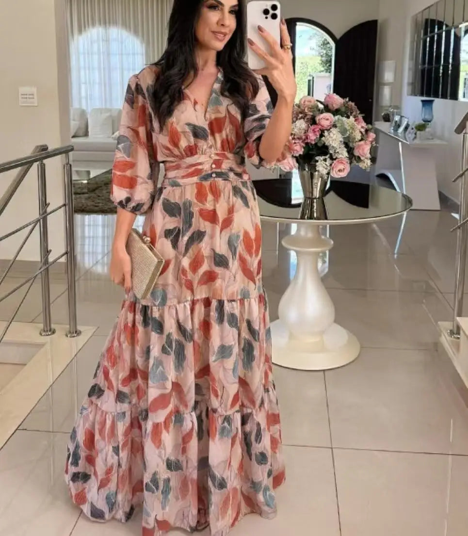 Summer Women Dresses Floral Print Ruffles Boho V-neck Short Sleeve Casual Loose Beach Dress Elegant Holiday Maxi Long Dress Robe