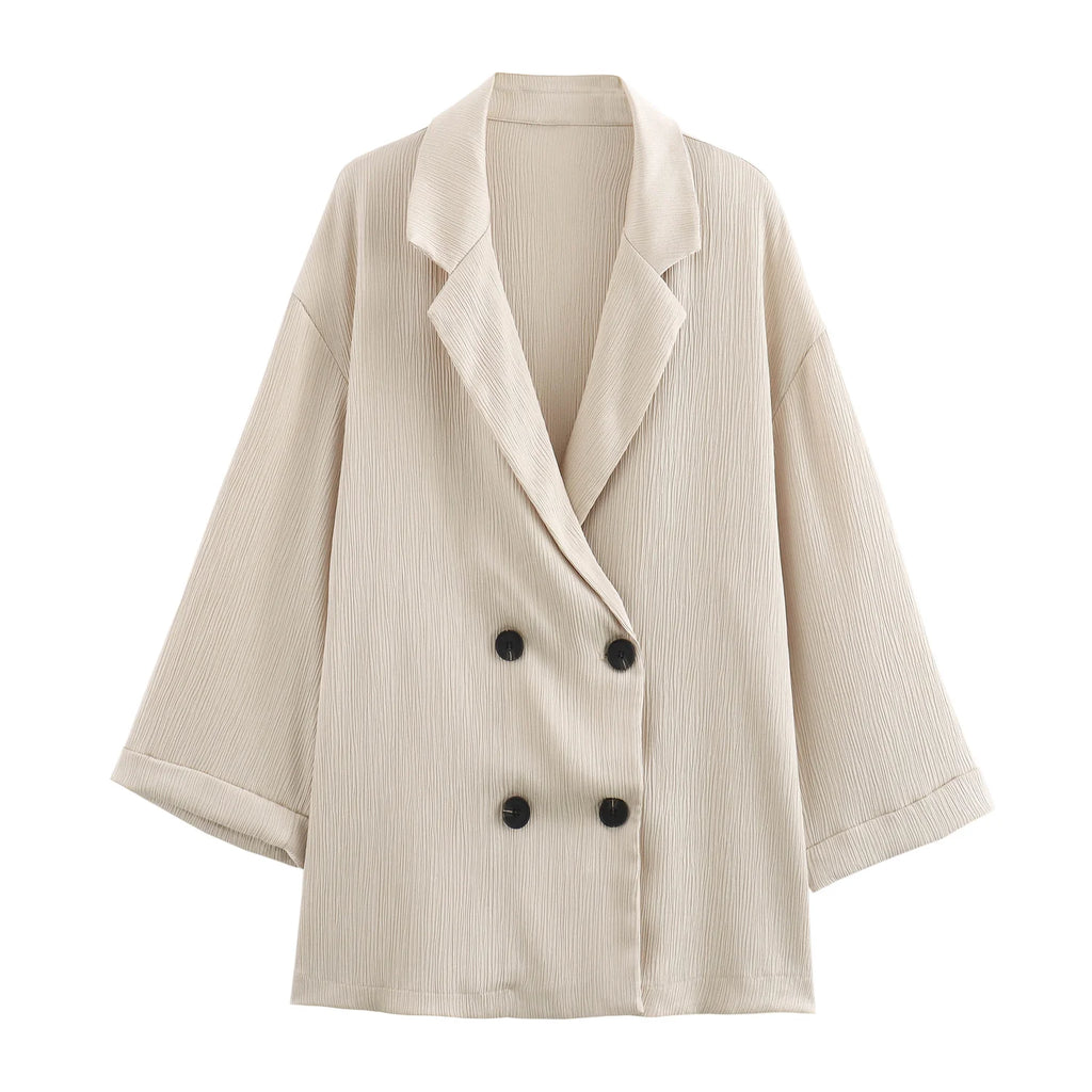 2024 Autumn Women Casual Blazer Coat Pants Set Long Sleeve Double Breasted Blazer + Wide Leg Trousers Lady Office Outfit