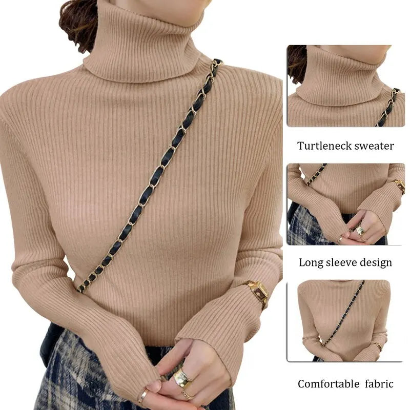 Women Sweater Pullover Winter Knitted Turtleneck Long Sleeve Slim Jumper Tops 2025 Ladies Casual Shirts Soft Warm Y2K Clothing
