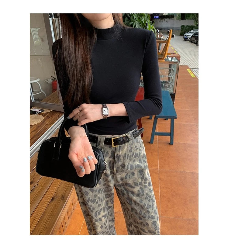 Autumn Winter Knitted Women's T-shirts 2025 New Long Sleeve Solid Half Turtleneck Korean Bottom Slim Short Tops Tee Female