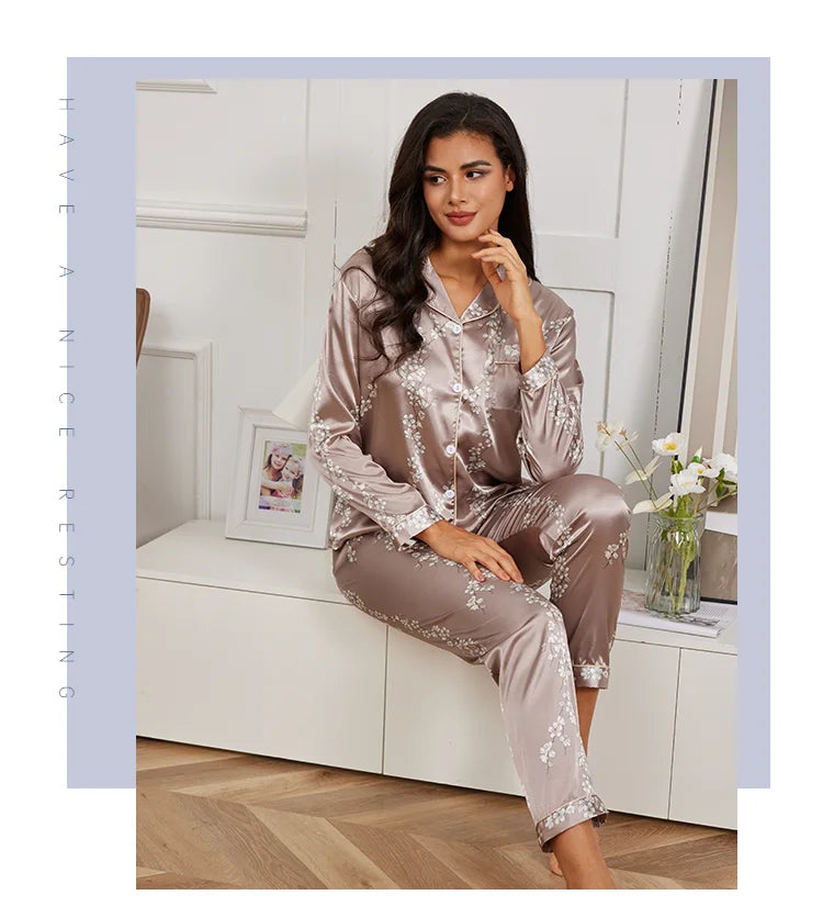 Pajamas For Women Home Clothes Autumn Satin Flower Print Sleepwear Long Sleeve Tops Pajama Pants Nightwear 2 Piece Pyjama Femme