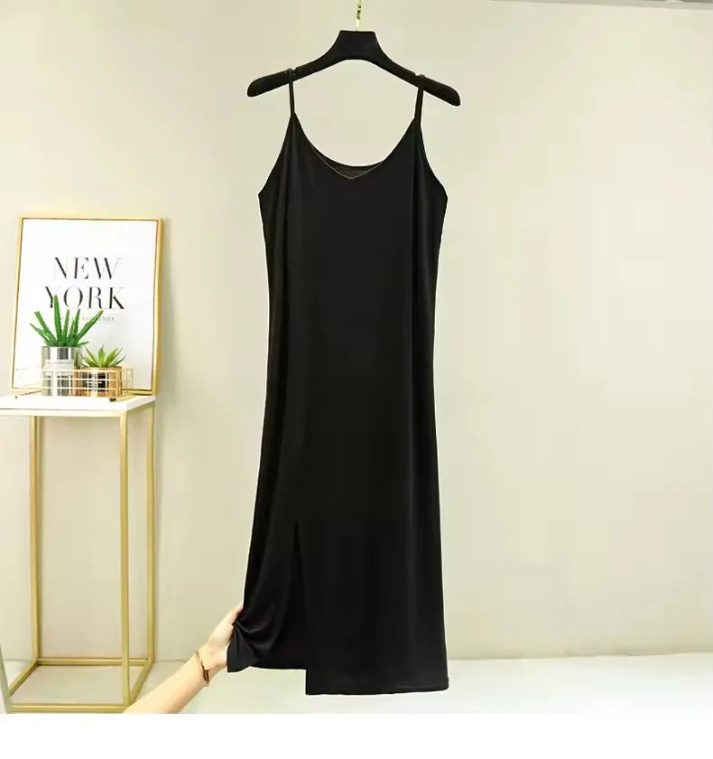 Women Summer Dresses Casual V Neck Full Under Slip Dress Spaghetti Strap Seamless Loose Split Bottming Thin All-Match Dress