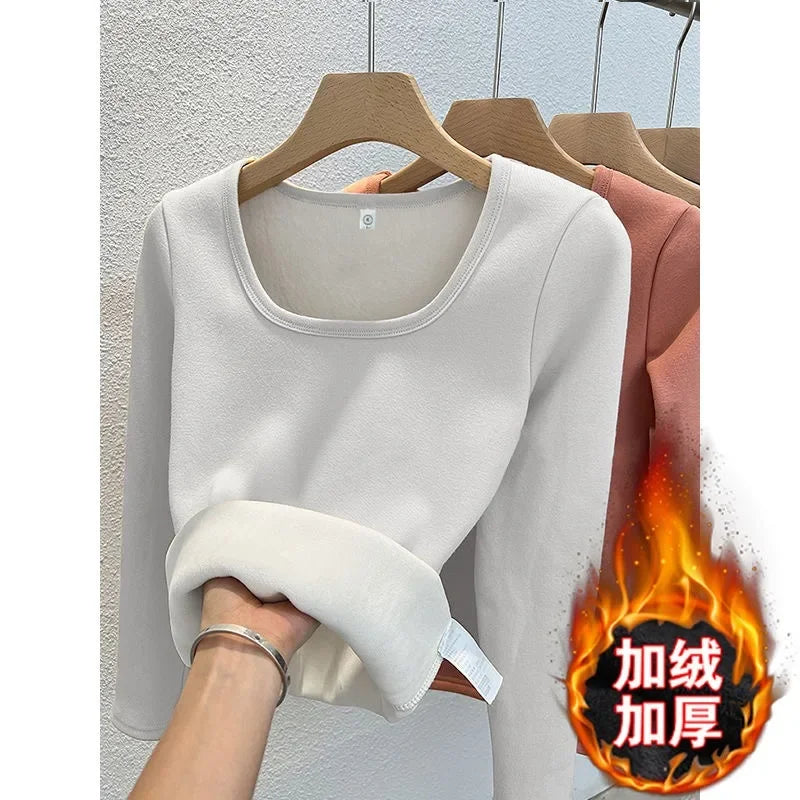 Winter Women Thermal Underwear Tops Square Collar Fleece Basic Pullover Autumn Crewneck Fashion Top Casual Thermal Shirt Women